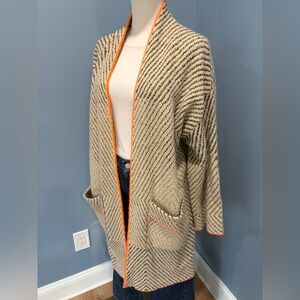 MaxSport Chevron Knit Cardigan M Gray Orange Trim Open Front Pockets